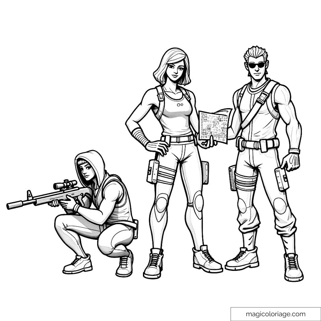 Coloriage de personnages d'action prêts pour l'aventure