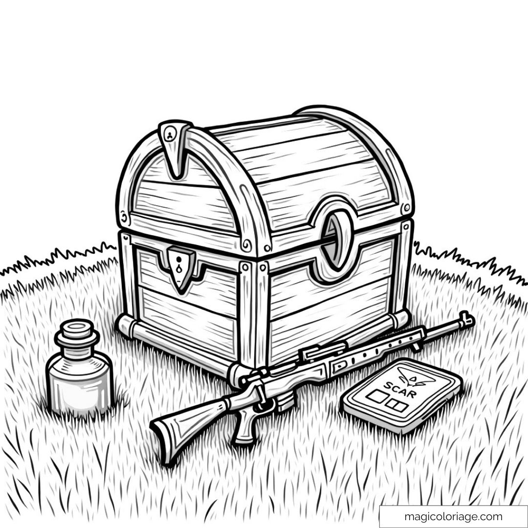 Coffre en bois à colorier avec arme et potion sur l'herbe