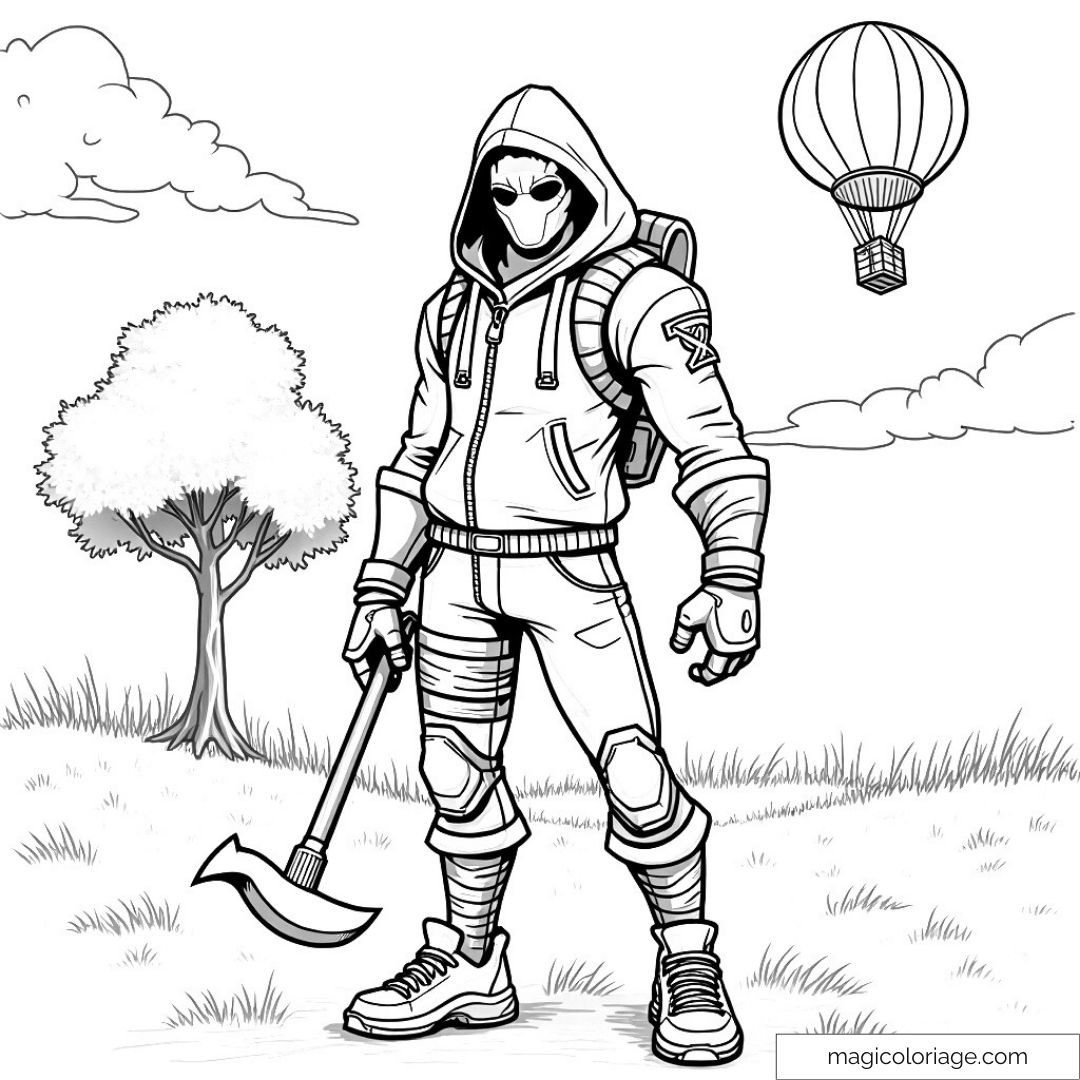 Aventurier avec capuche et hache devant un arbre et montgolfière
