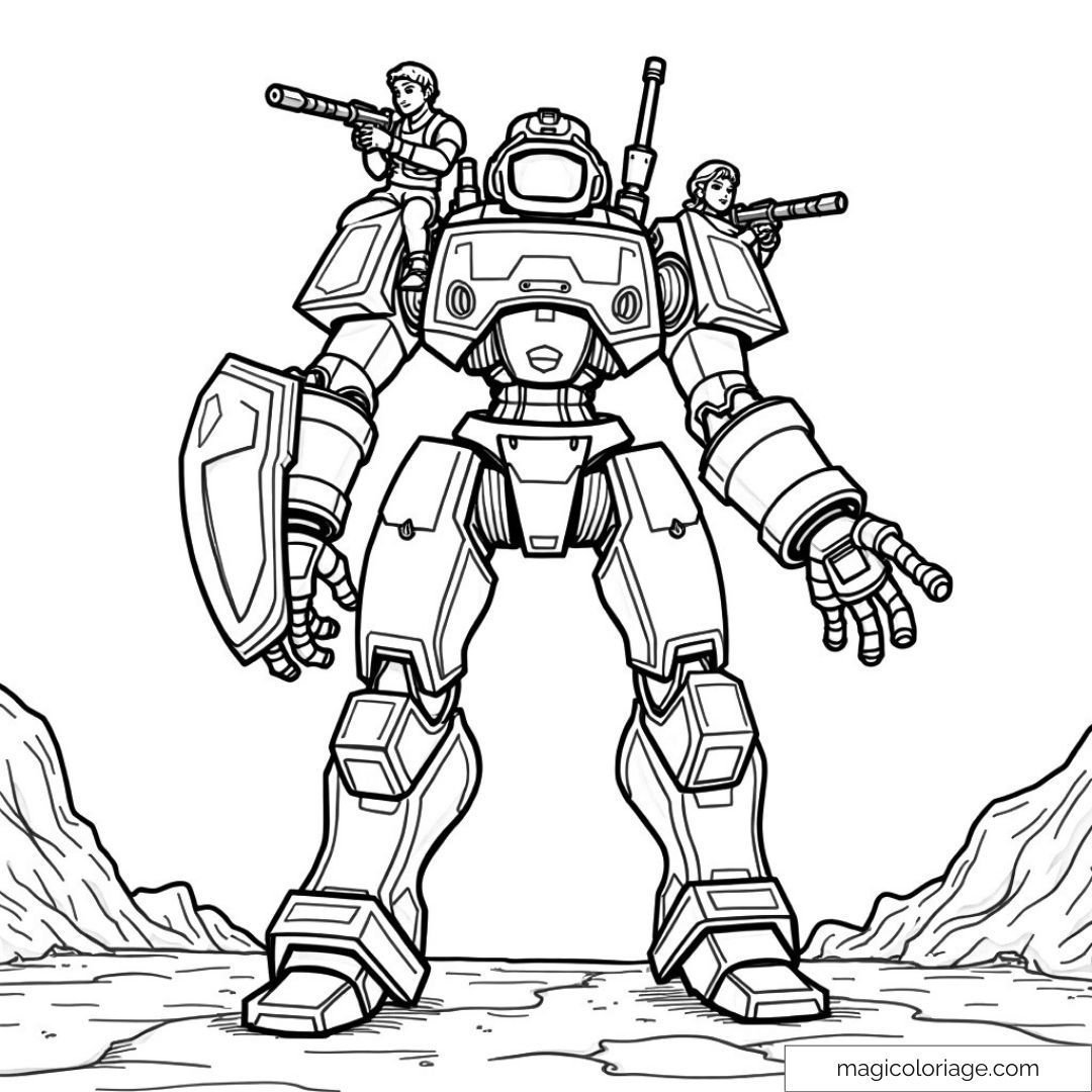 Dessin d'un robot géant avec deux pilotes armés dans un paysage rocheux