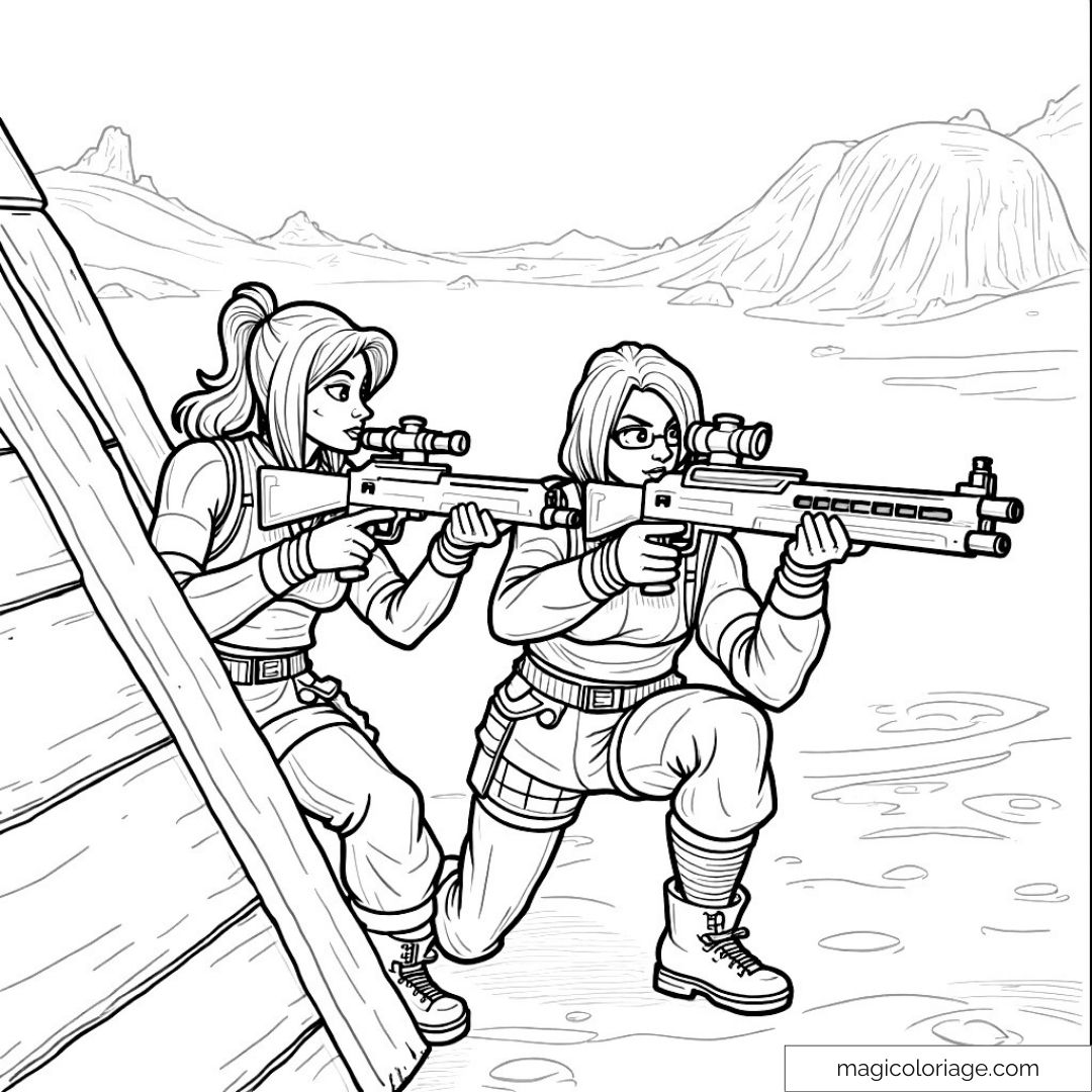 Deux tireuses d'élite prêtes pour l'action dans un paysage montagneux.