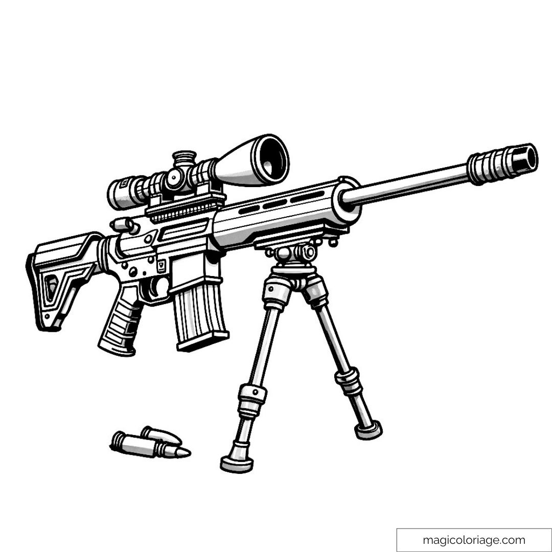 Fusil de précision à colorier avec détails et munitions.