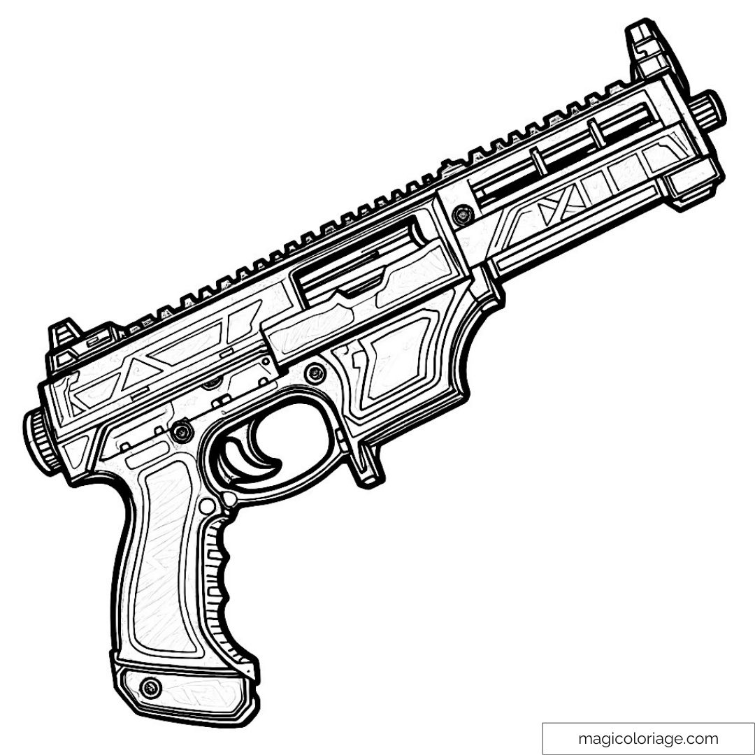Dessin en ligne d'un pistolet moderne complexe à colorier pour adulte
