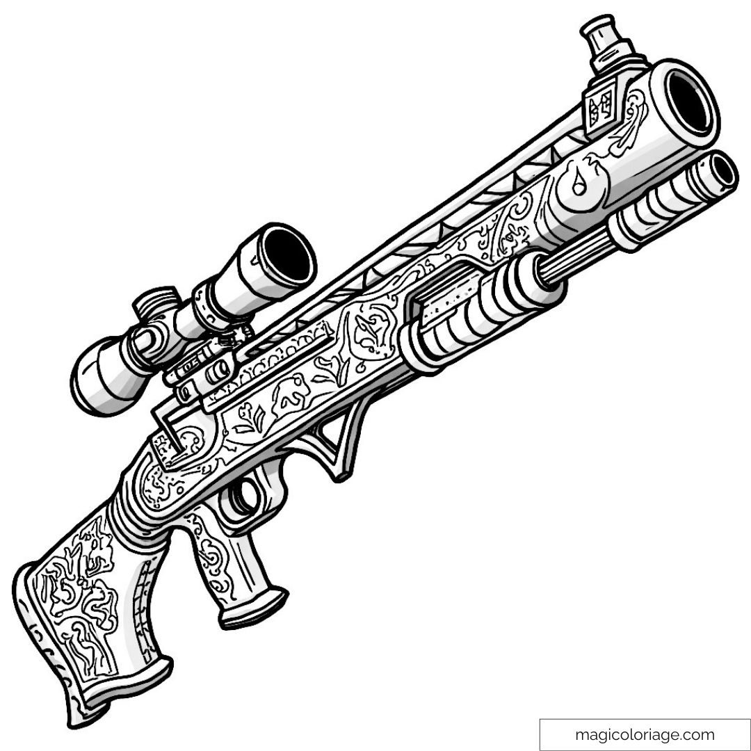 Dessin noir et blanc d'un fusil avec motifs détaillés