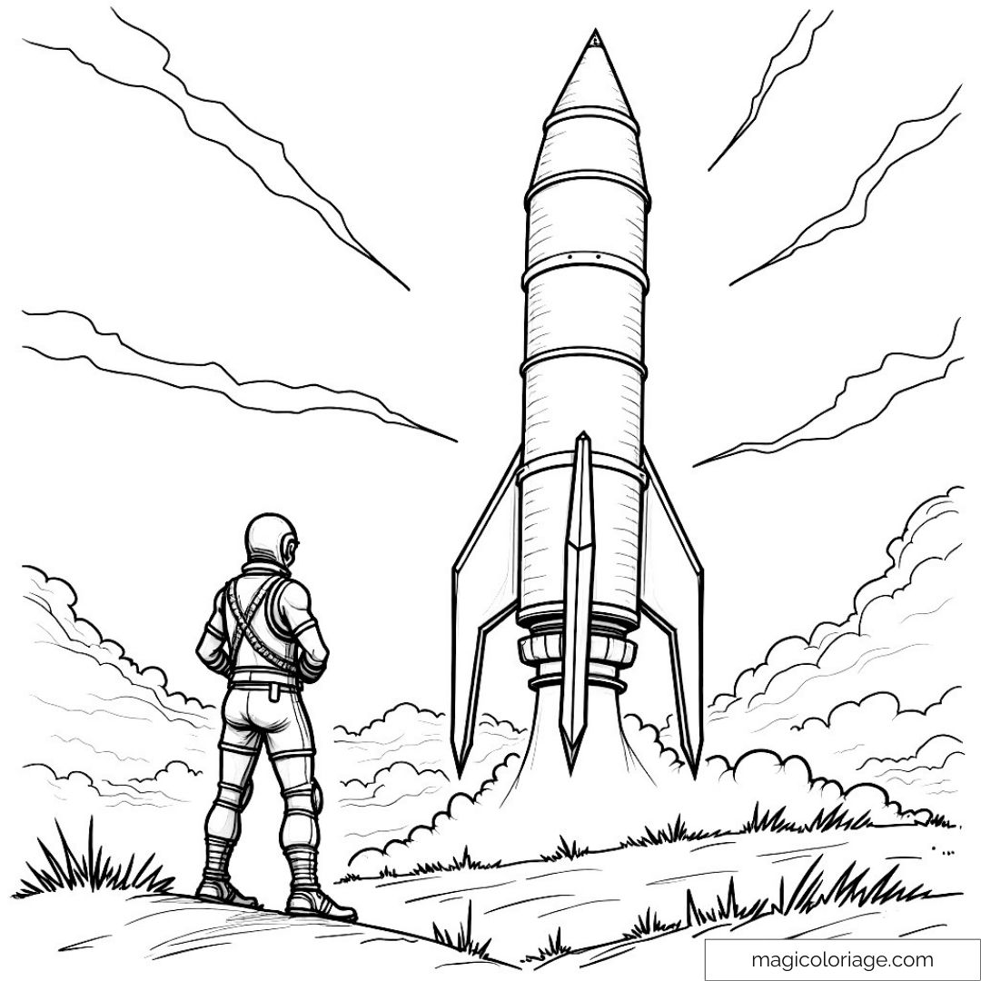 Dessin d'un astronaute regardant une fusée sur le point de décoller.