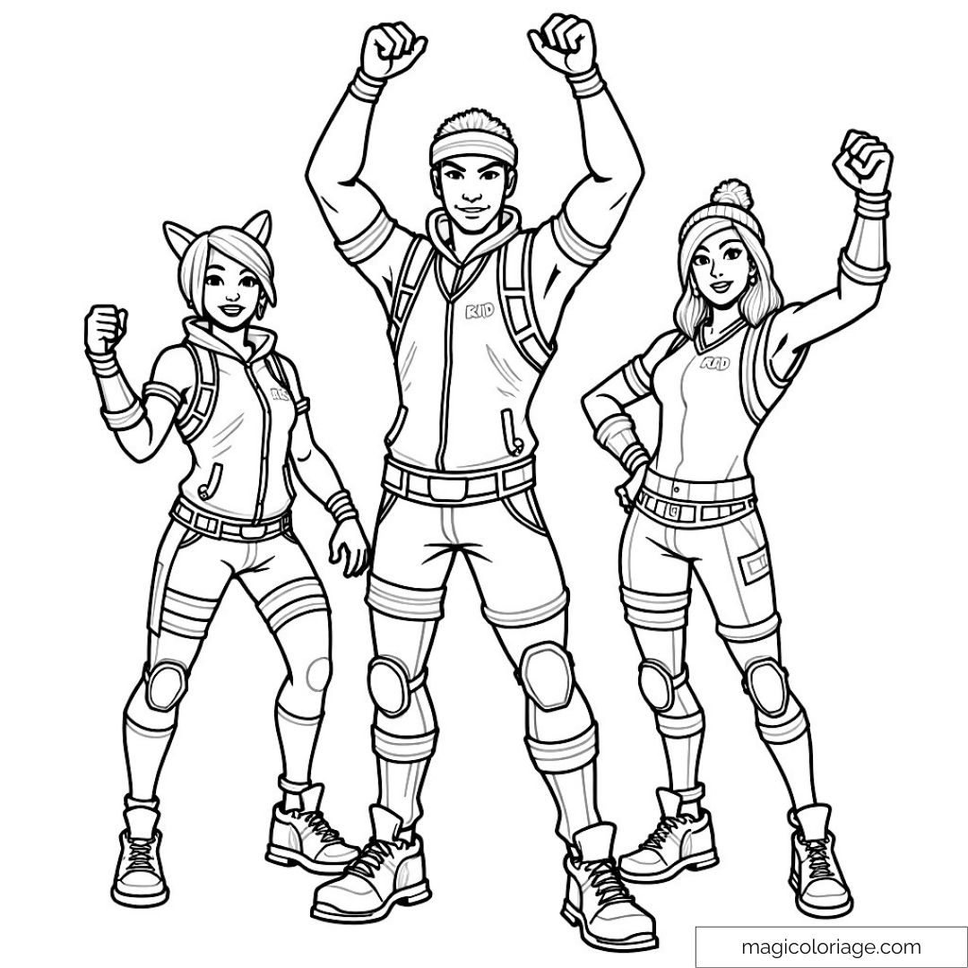 Coloriage de trois personnages en tenue de sport