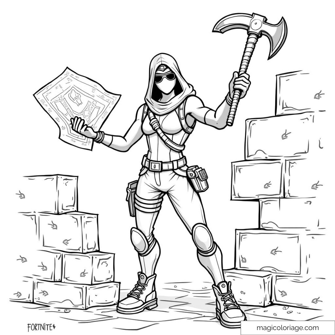 Personnage Fortnite avec carte et pioche