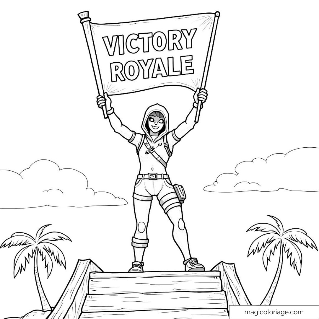 Personnage de Fortnite brandissant une bannière "Victory Royale" pour coloriage.