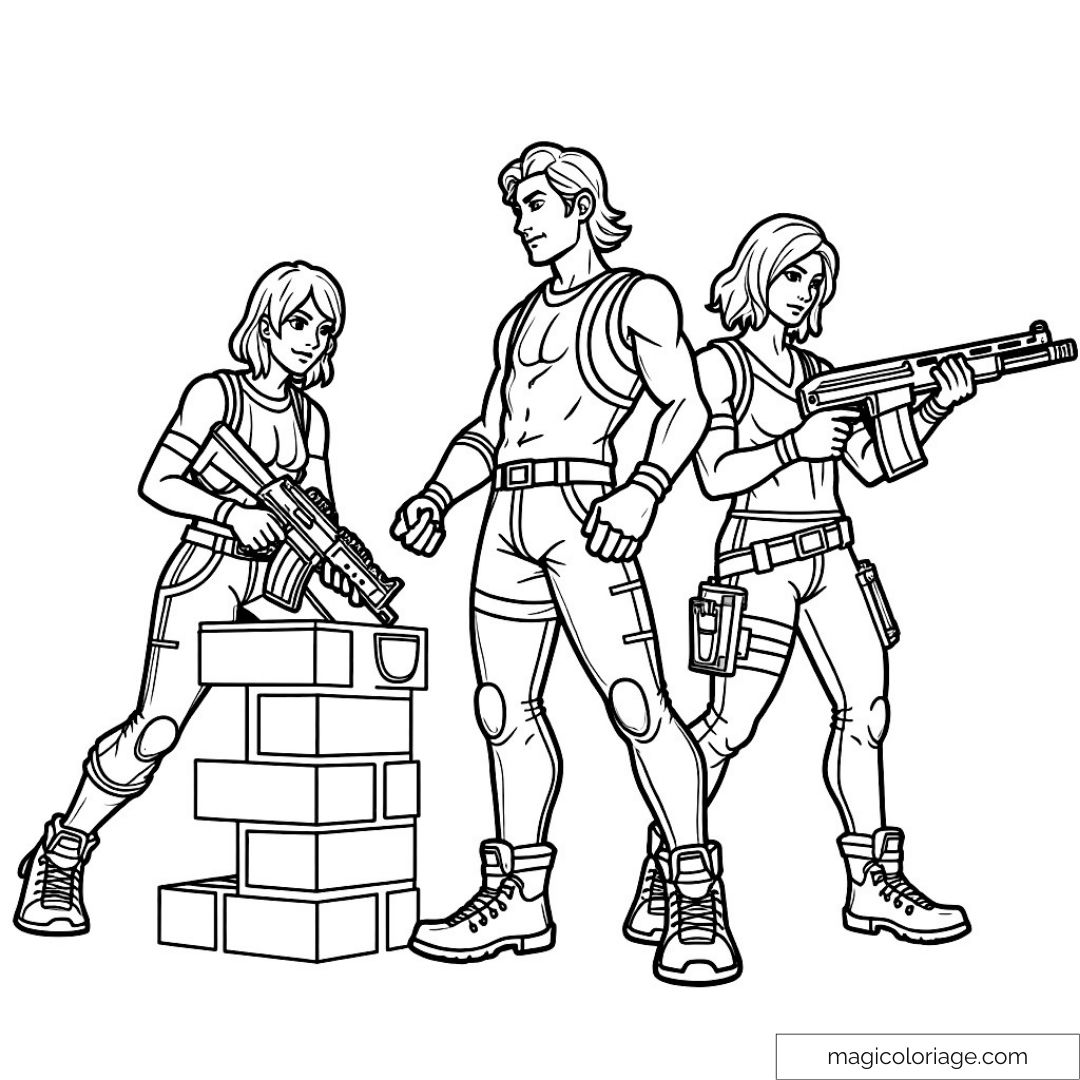 Coloriage de personnages de Fortnite avec armes et stratégie.