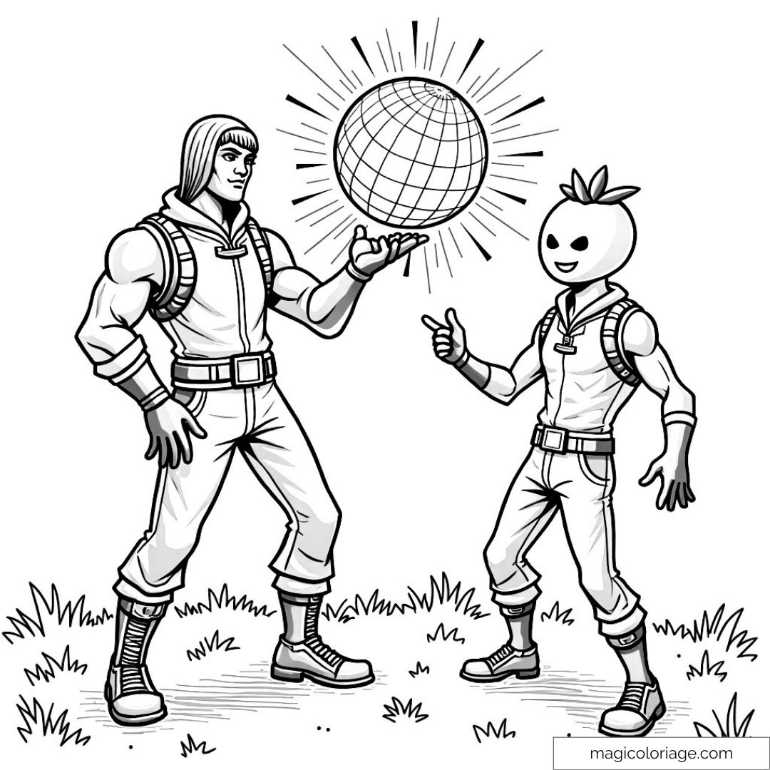 Dessin de personnages Fortnite avec globe lumineux