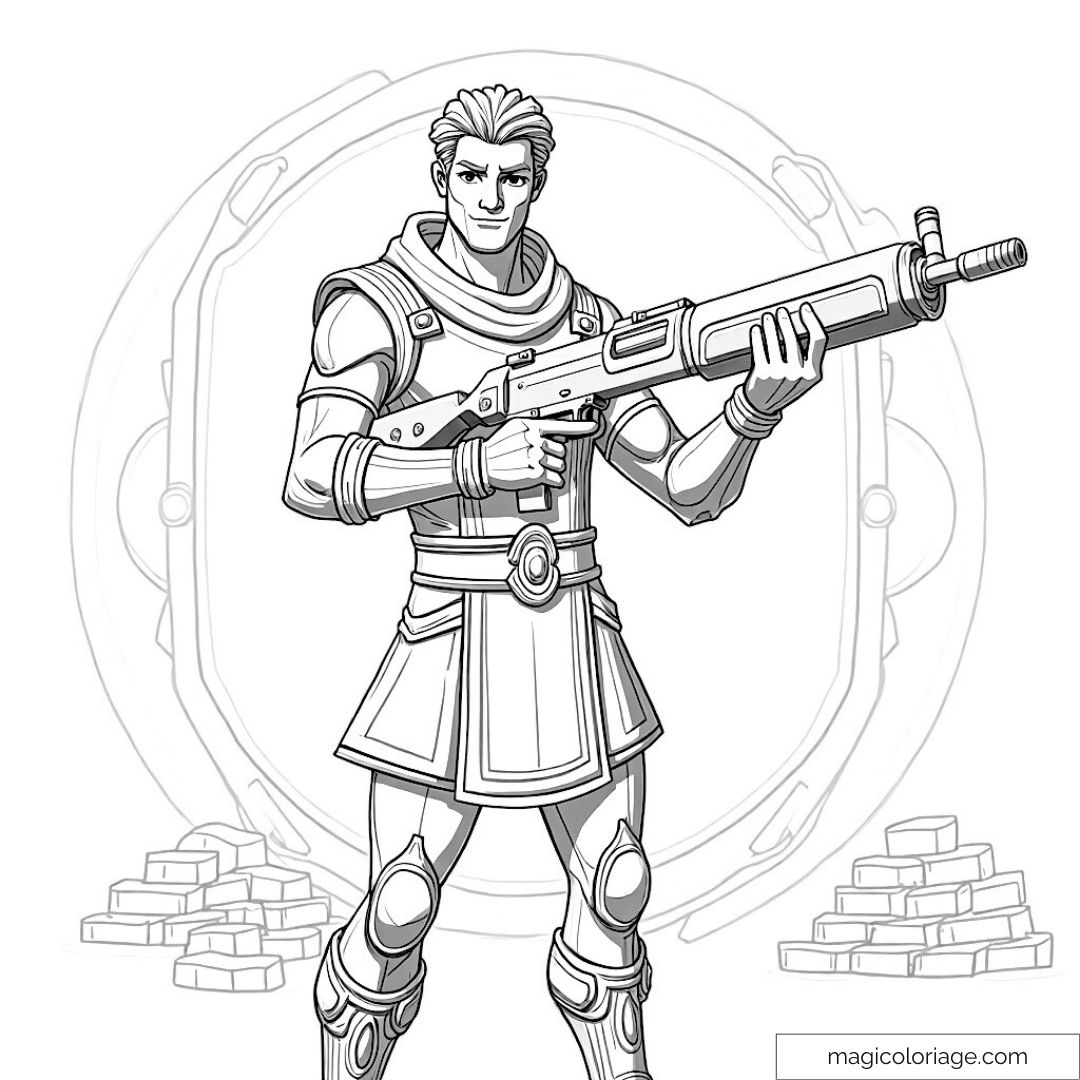 Guerrier futuriste tenant un fusil avec un fond de cercle et de briques