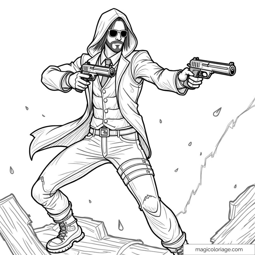 Coloriage d'un personnage dynamique avec lunettes et pistolets