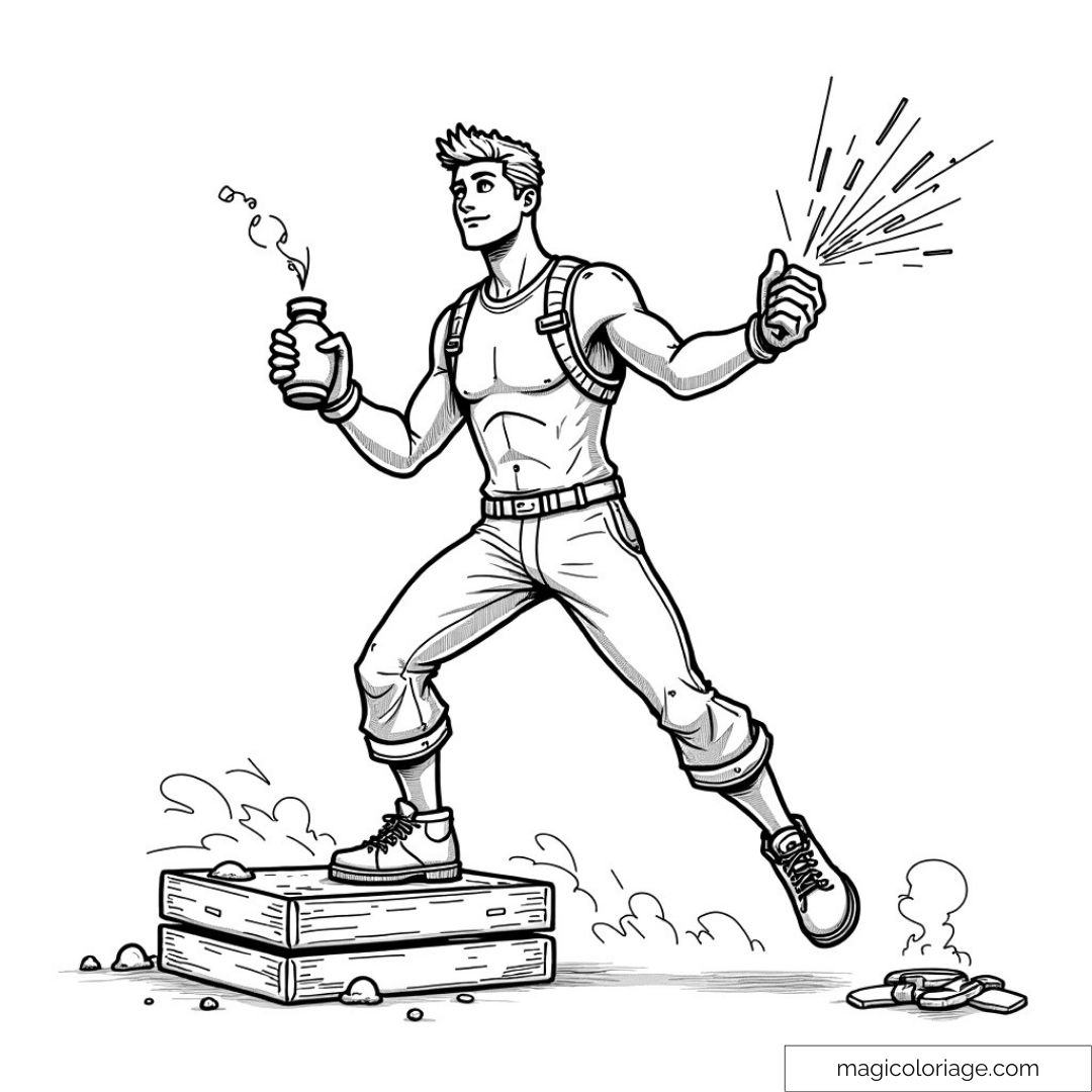 Dessin de personnage aventureux avec bouteille et étincelles