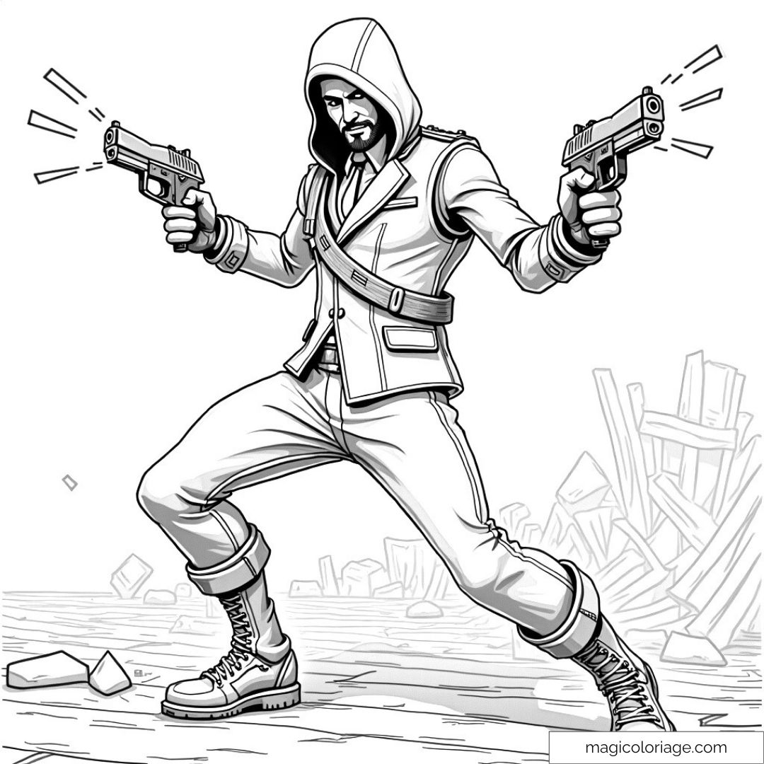 Dessin à colorier d'un héros d'action avec deux pistolets dans un décor urbain
