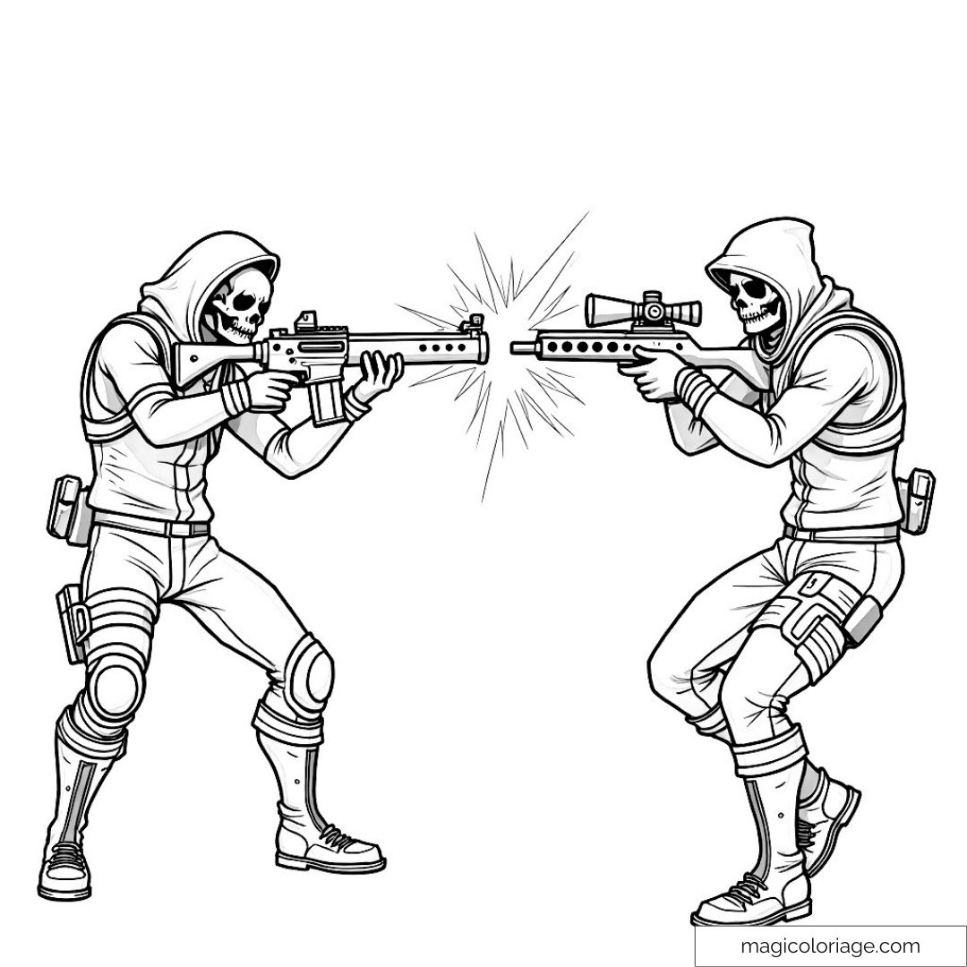 Coloriage de deux personnages masqués combattant avec des armes