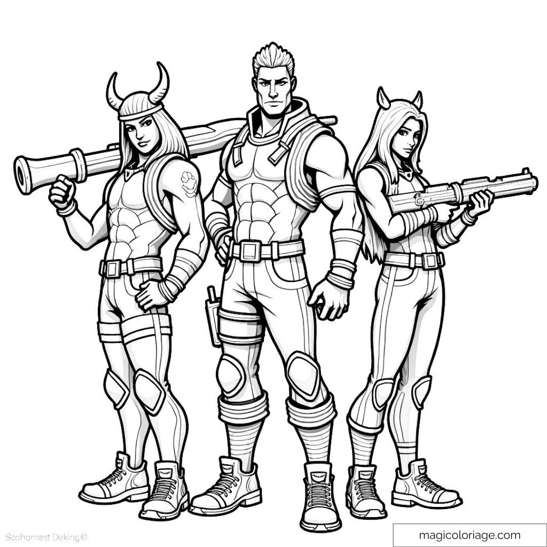 Image de trois personnages guerriers avec différentes armes pour coloriage.