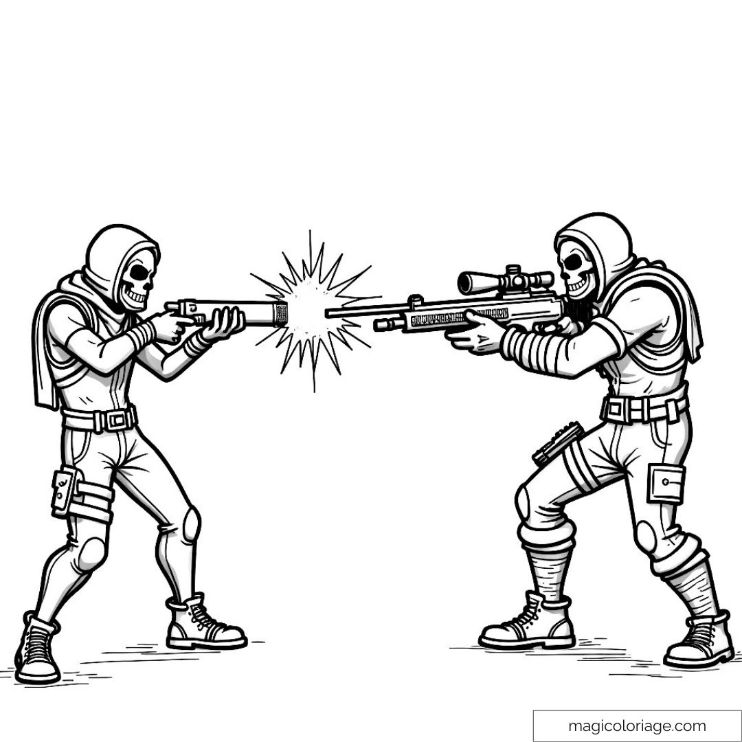 Deux personnages masqués avec armes en confrontation pour un duel intense.