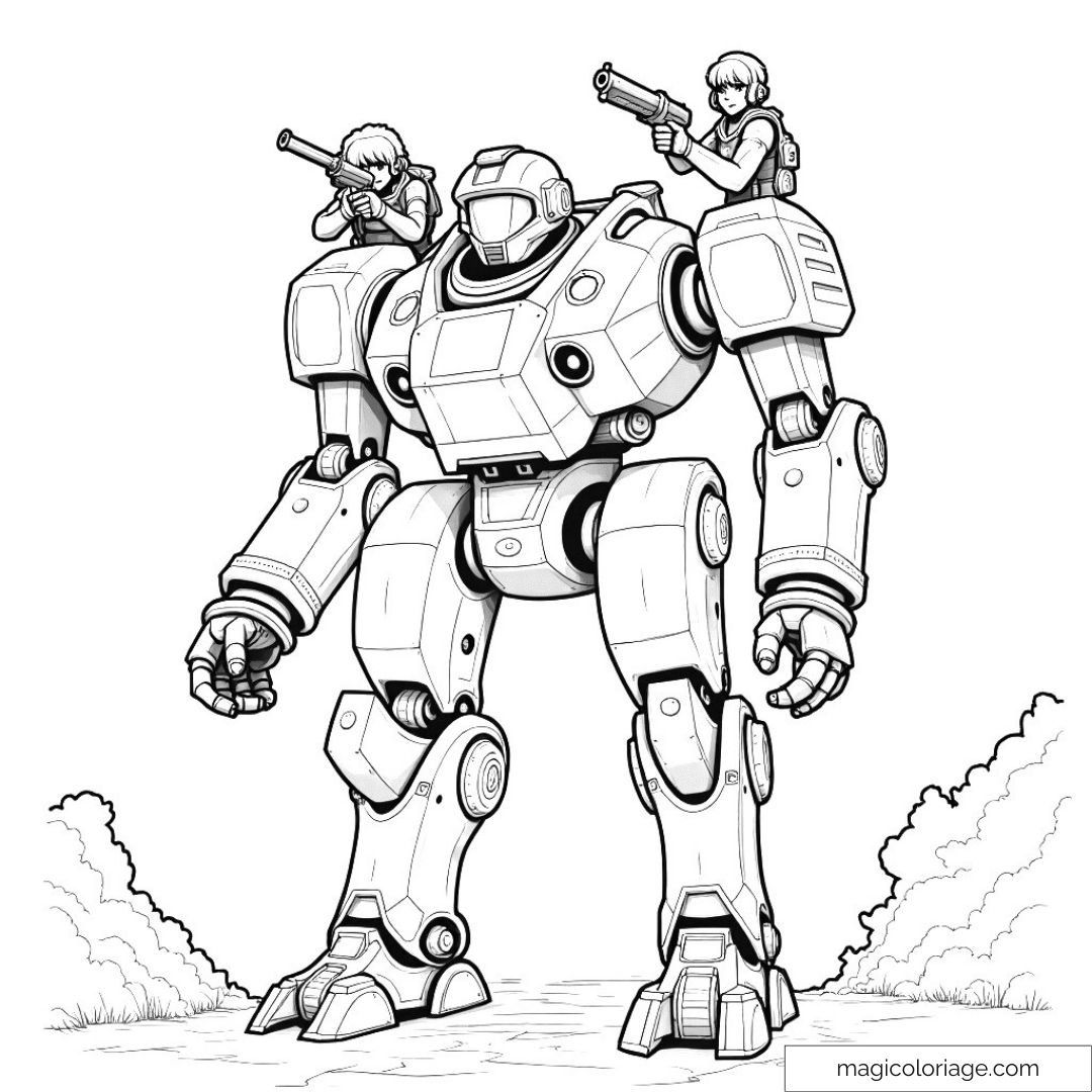 Image d'un grand robot avec deux personnes armées sur ses épaules à colorier.