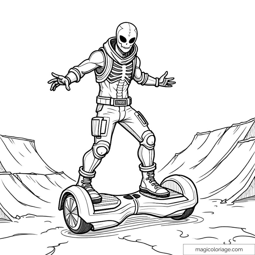 Skully sur un hoverboard dans un paysage futuriste
