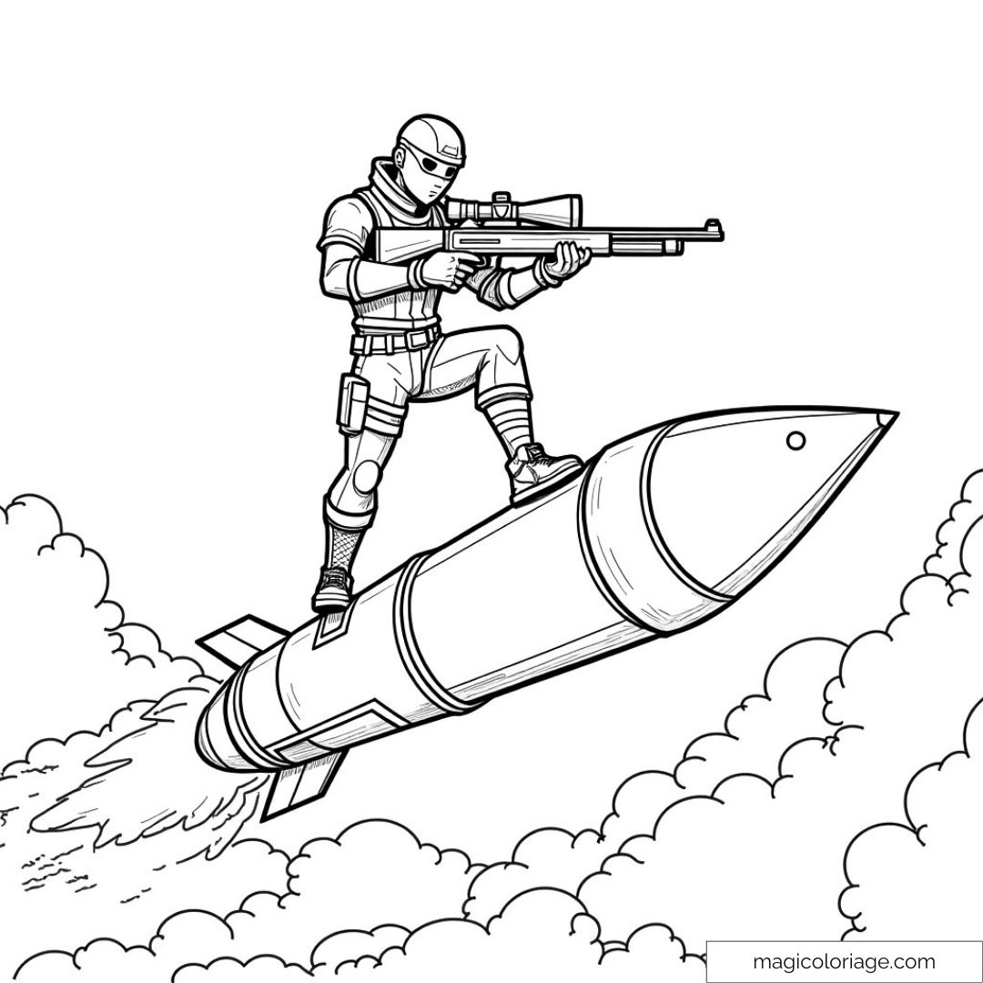 Soldat avec fusil sur missile volant