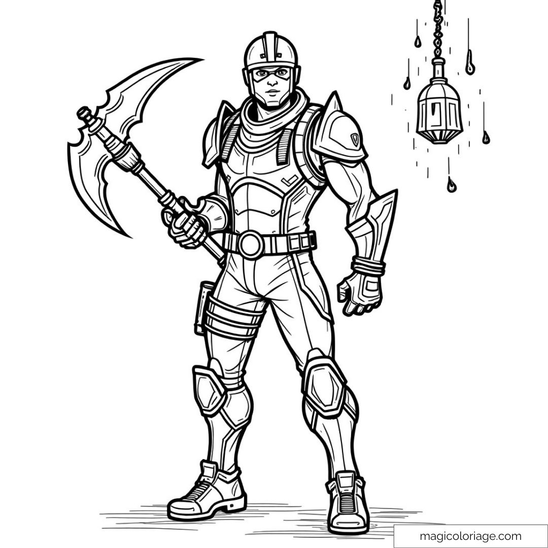 Coloriage super héros en armure avec hache et élément suspendu