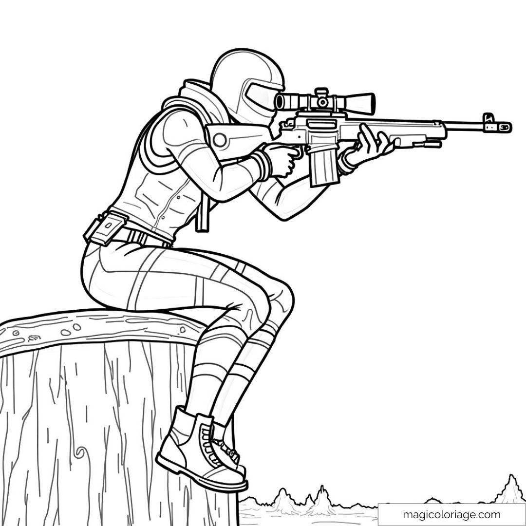 Dessin d'un tireur d'élite avec un fusil sur souche d'arbre en forêt