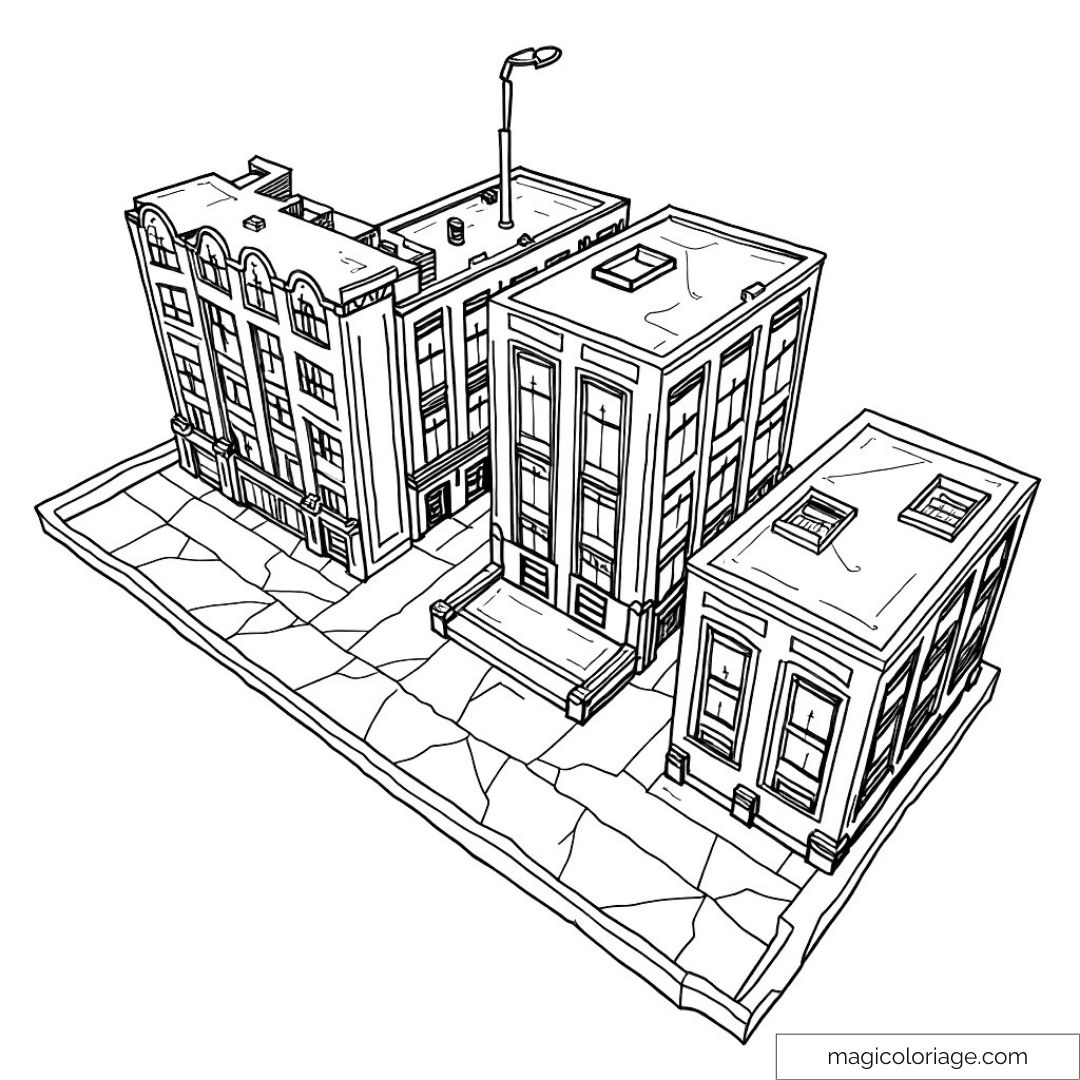 Dessin de bâtiments urbains en perspective à colorier
