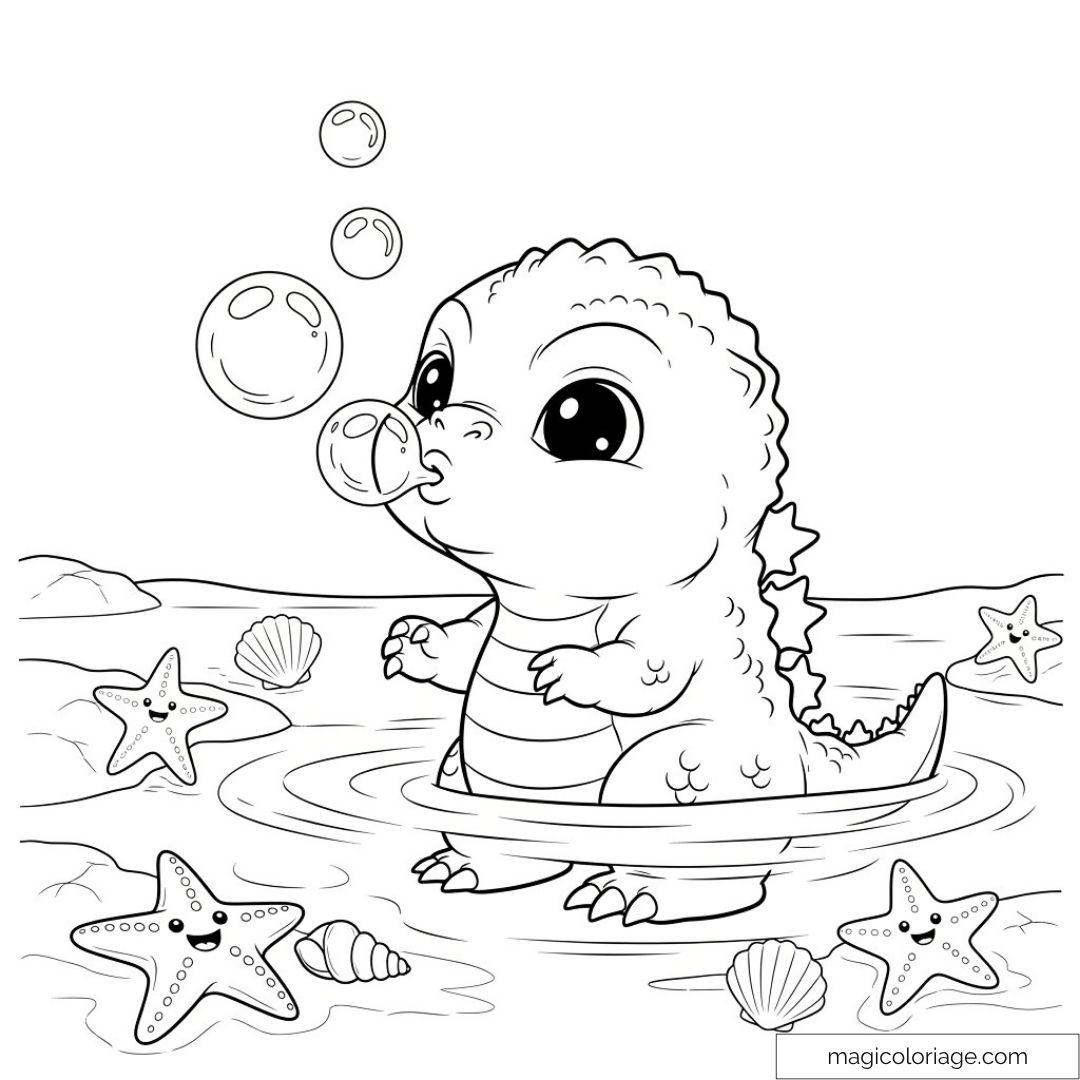 Bébé godzilla mignon soufflant des bulles à la plage avec étoiles de mer