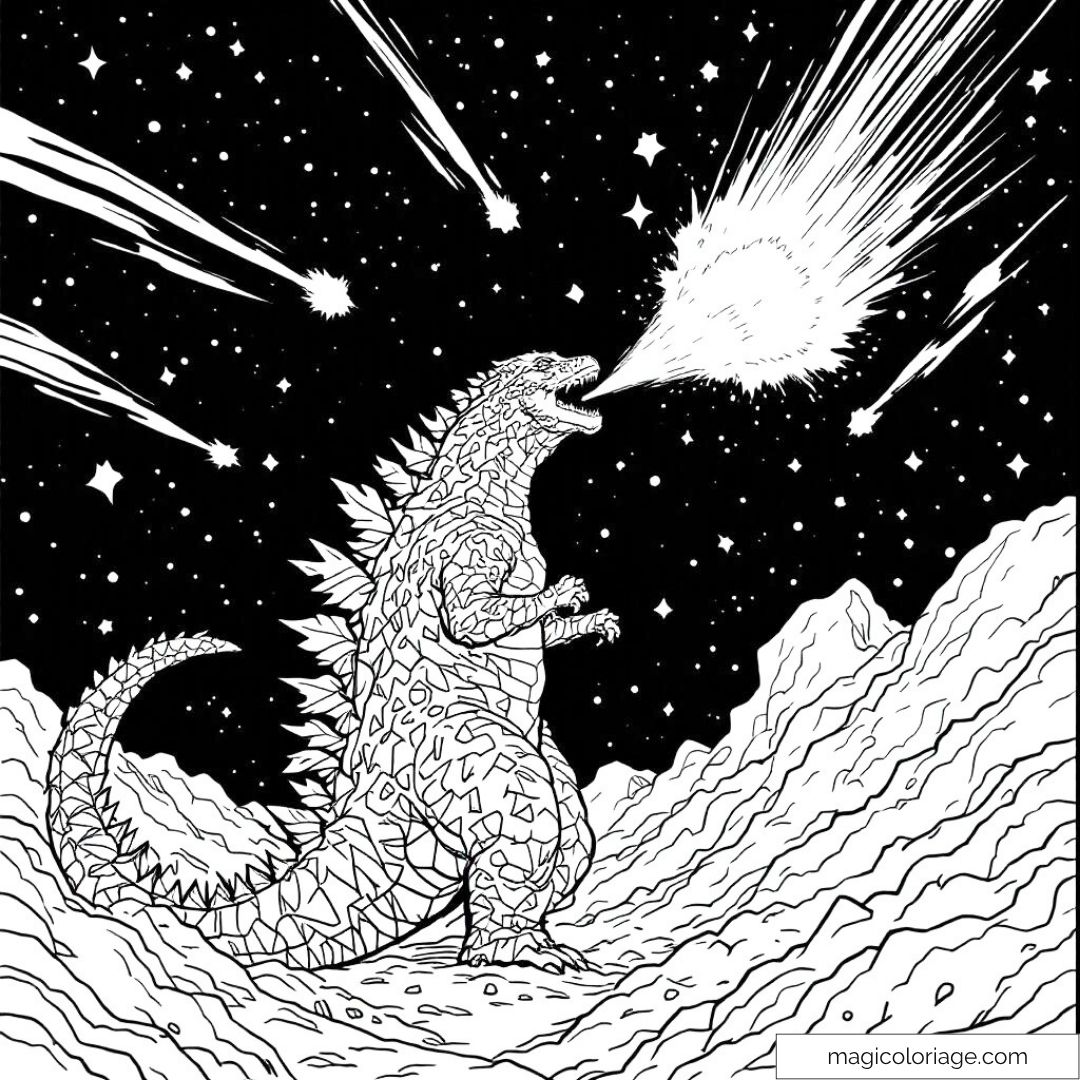 Godzilla déchaînant son souffle atomique sous un ciel étoilé avec météores.