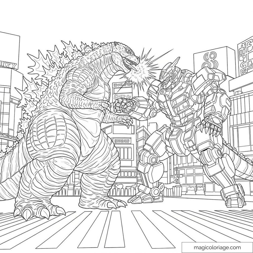 Godzilla et Robot Géant en combat urbain. Coloriage passionnant pour les amateurs d'action et de monstres.
