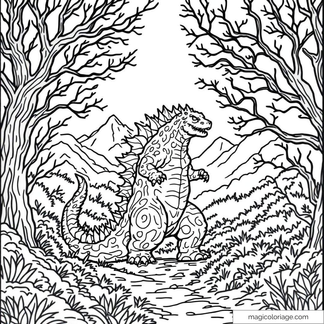 Monstre géant debout dans une forêt avec montagnes en arrière-plan.