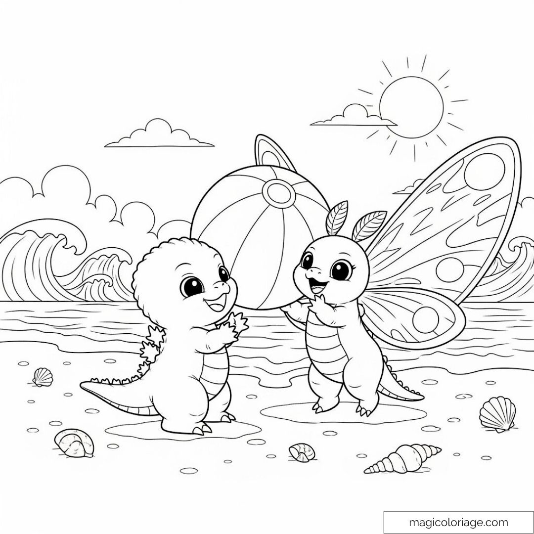 Deux créatures mignonnes avec un ballon de plage et des vagues