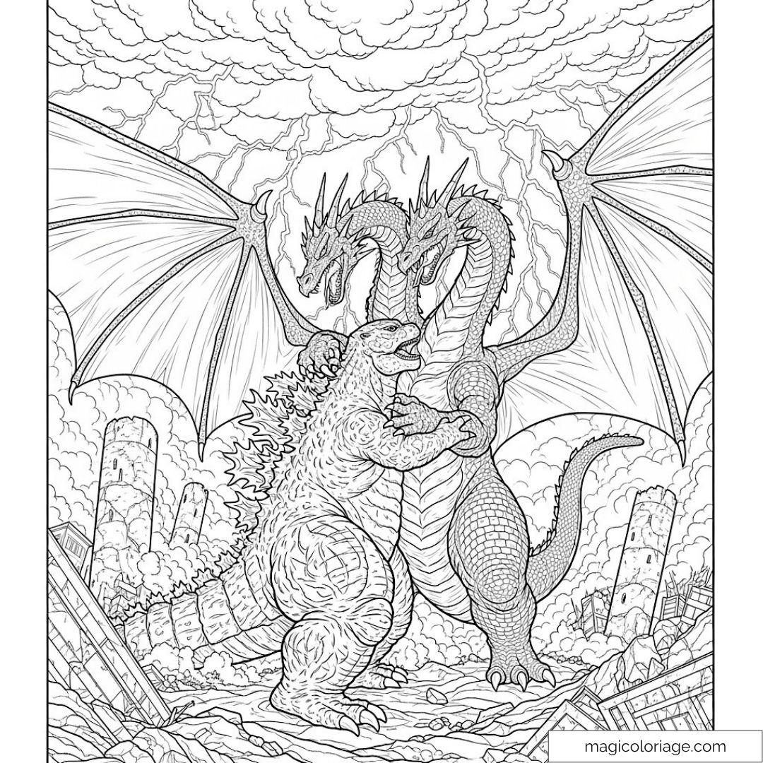 Dessin de Godzilla et King Ghidorah en lutte dans une ville en ruine