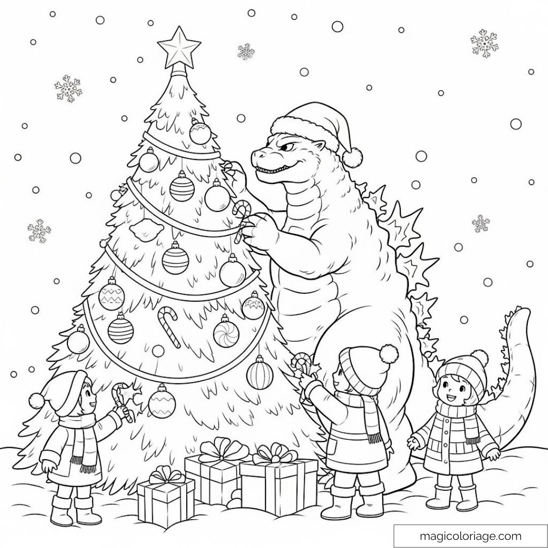 Godzilla décore un sapin de Noël avec des enfants parés d'écharpes.