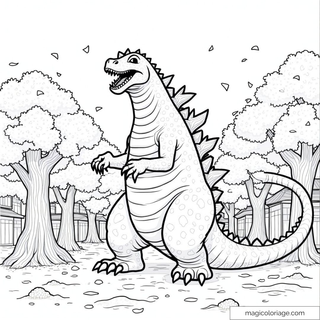godzilla au milieu d'une ville entourée d'arbres à colorier.