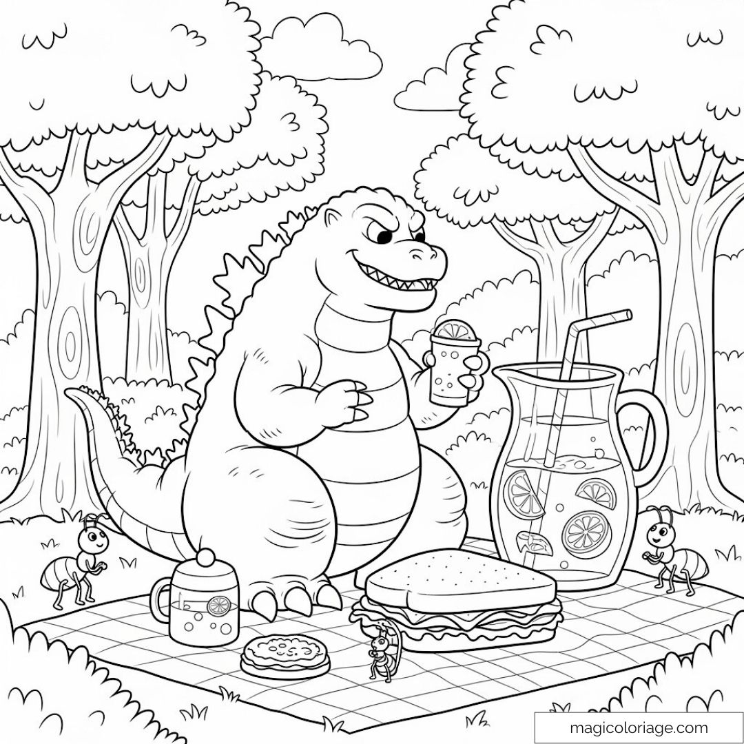 Godzilla au pique-nique avec des fourmis et des snacks géants