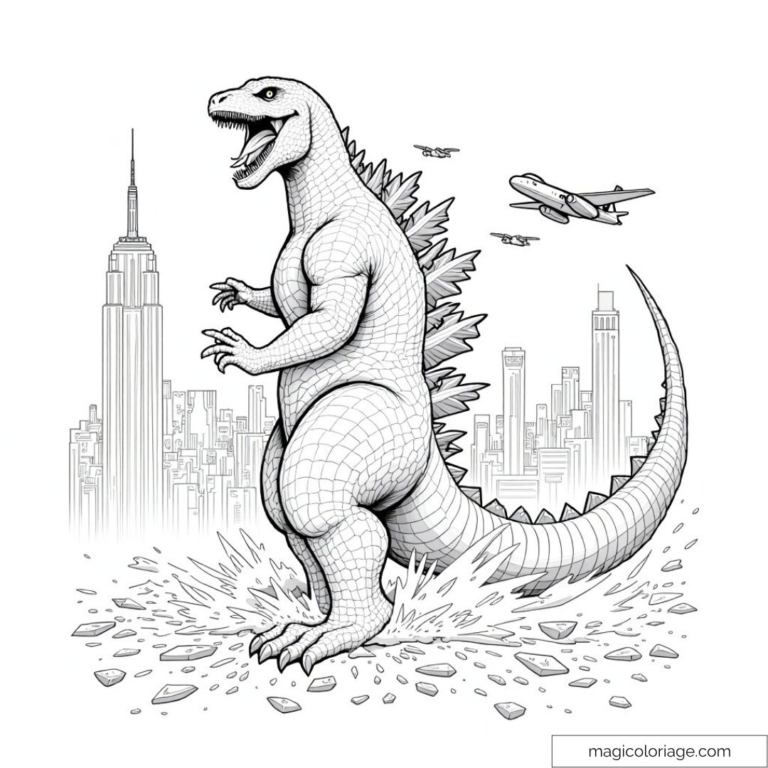 Dessin de Godzilla avec gratte-ciels et avions en vol