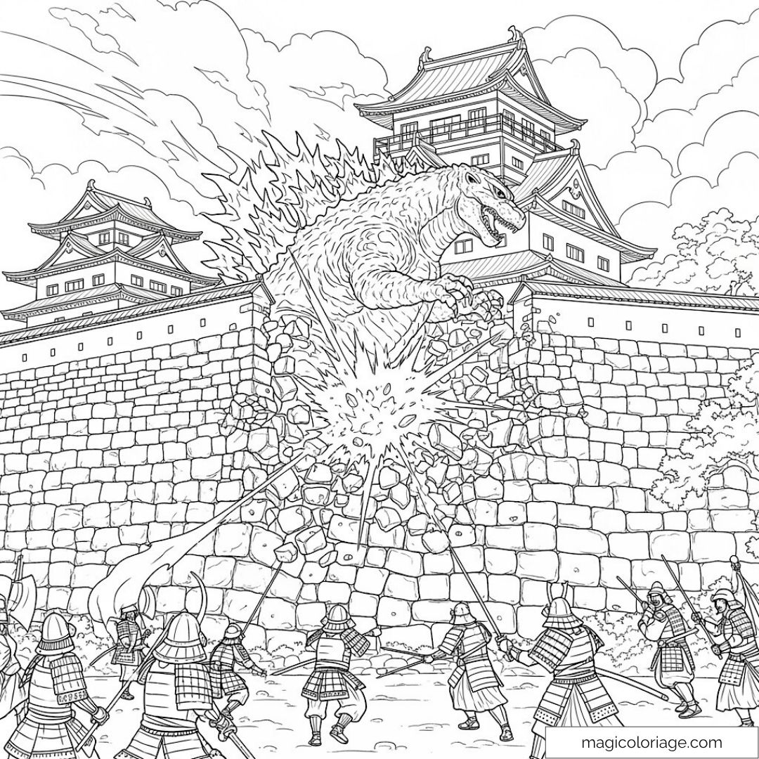 Godzilla attaquant un château japonais avec des samouraïs en garde