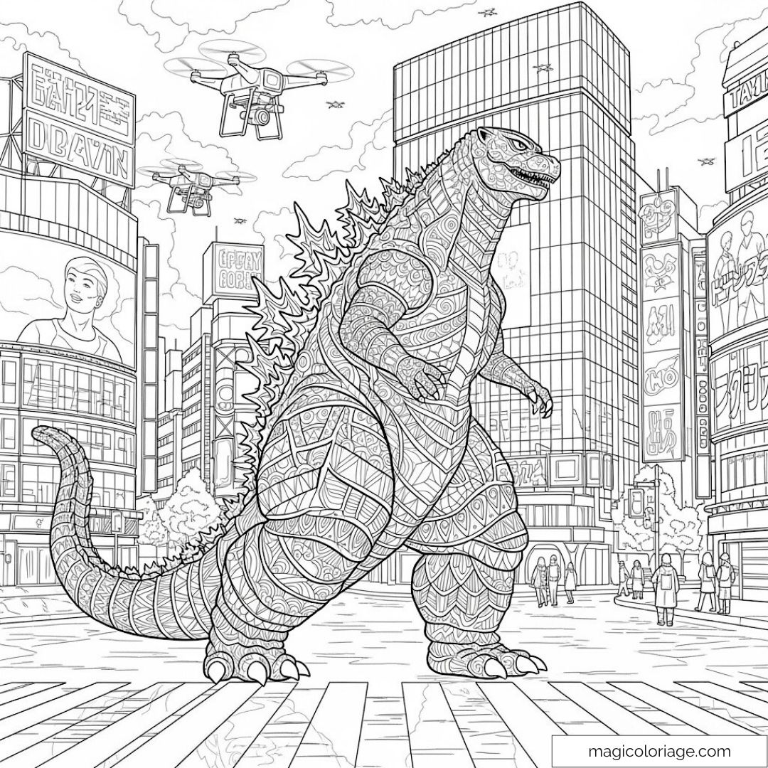 Coloriage Godzilla urbain avec drones et gratte-ciels détaillés.