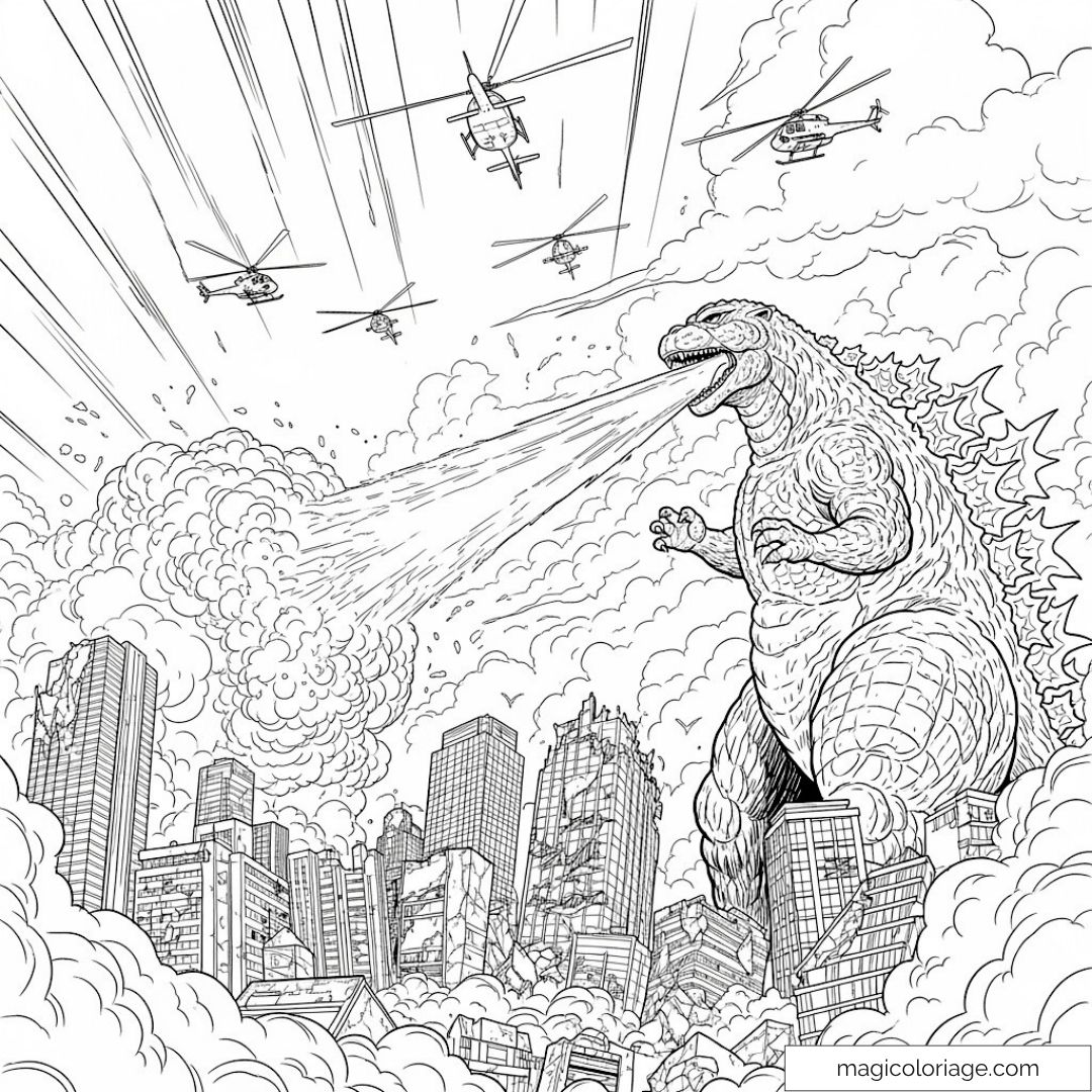 Image de Godzilla rugissant dans une ville avec hélicoptères.