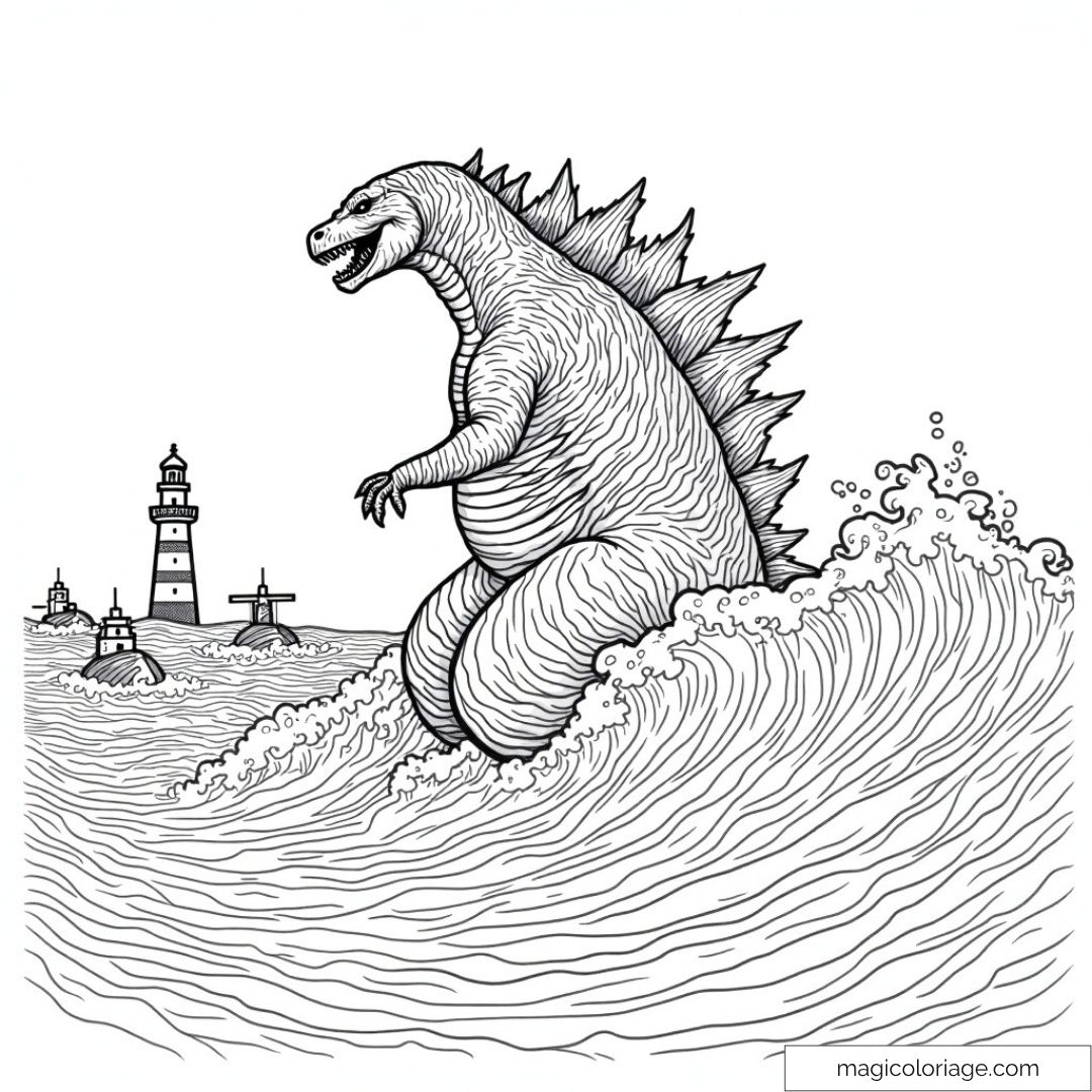 Dessin de Godzilla dominant les vagues près d'un phare