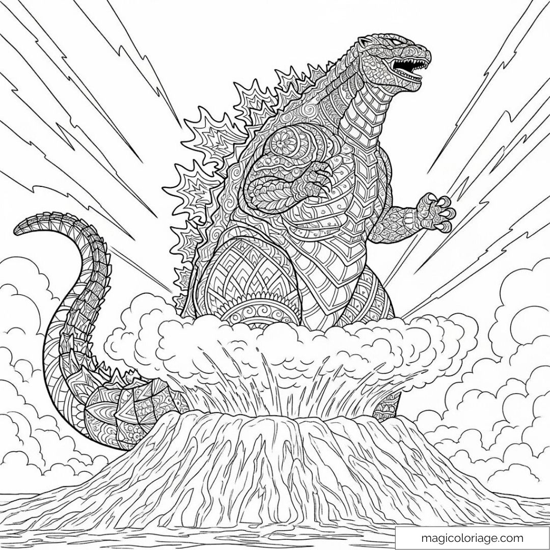 Coloriage Godzilla complexe sur volcan en éruption