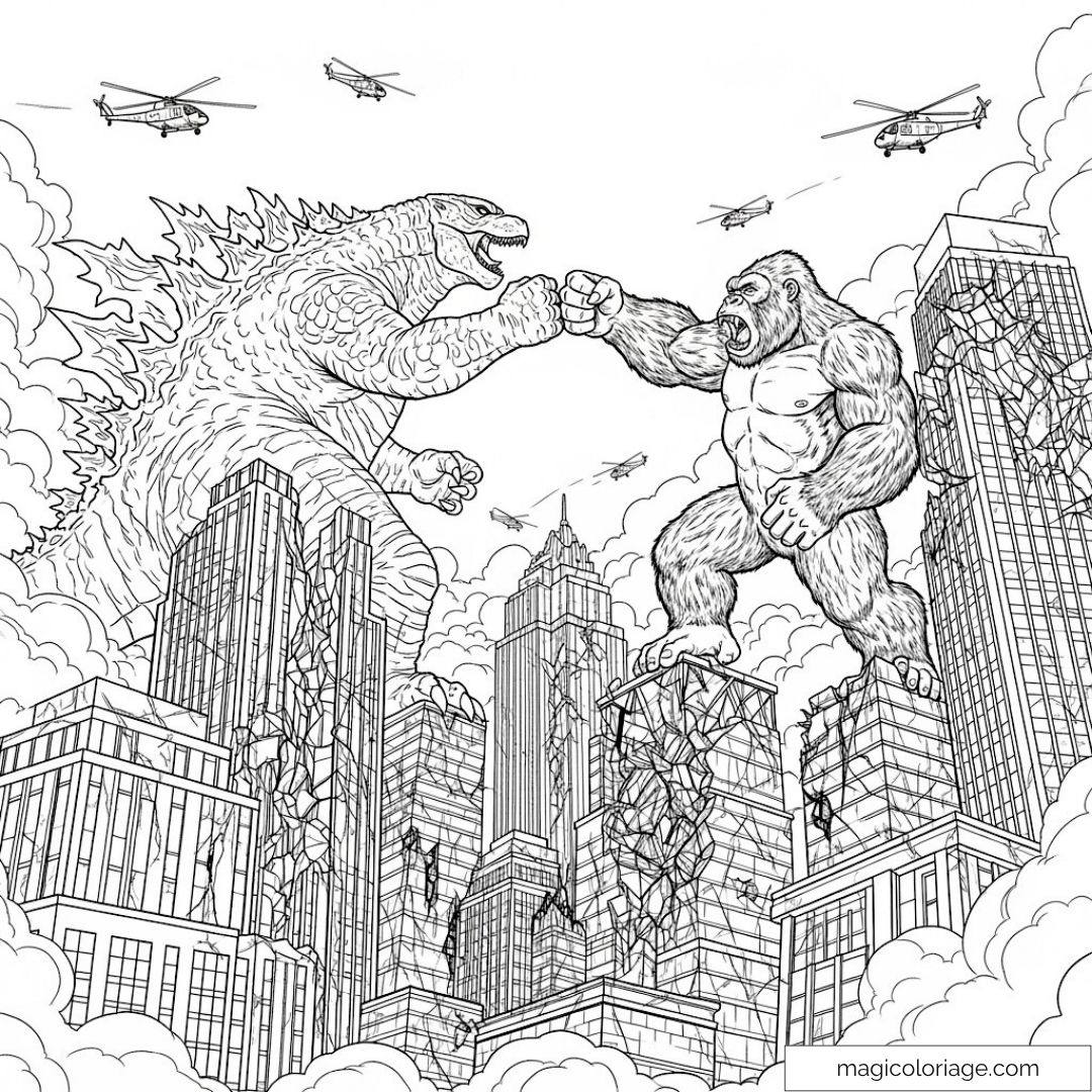 Image à colorier montrant Godzilla et King Kong dans une ville