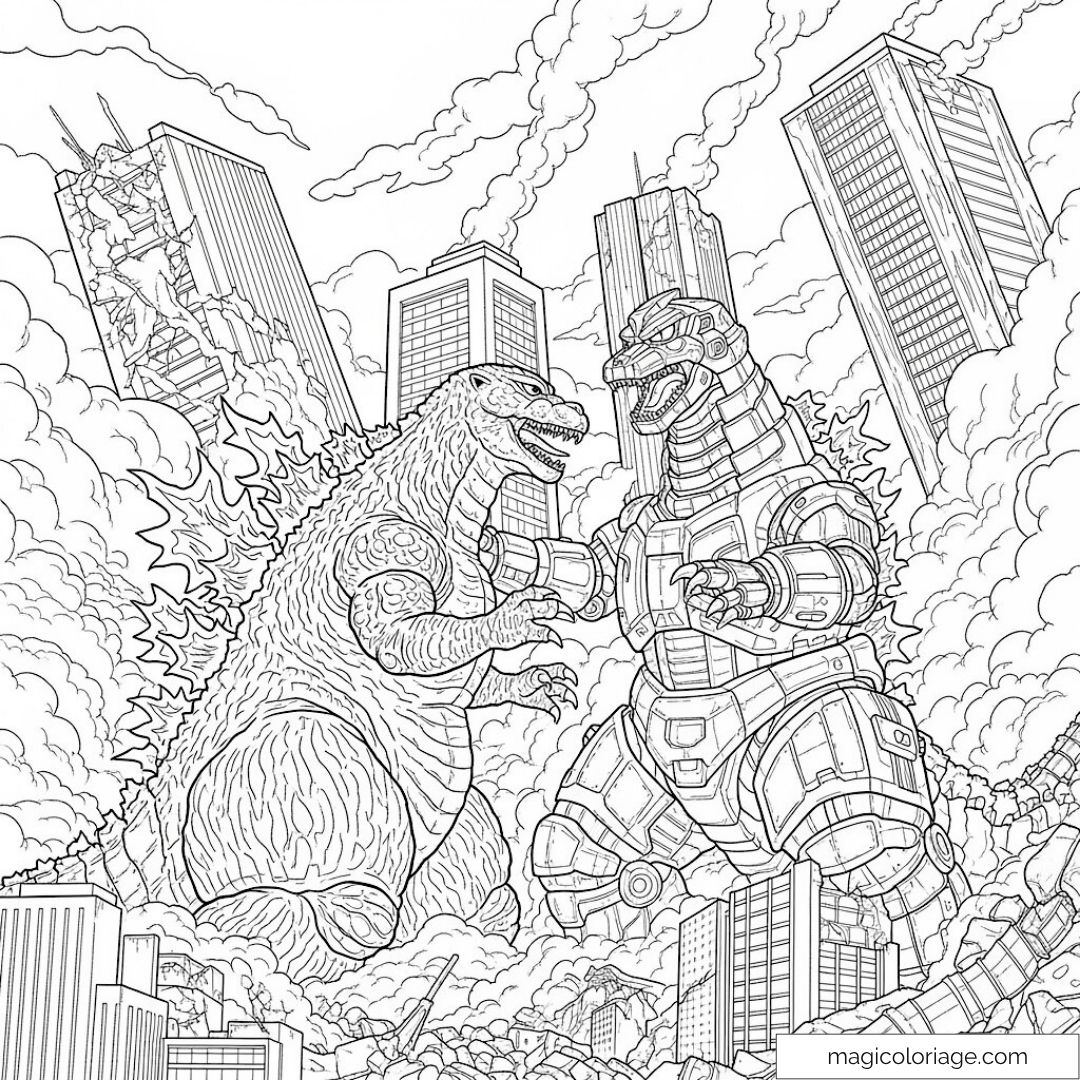Godzilla et Mechagodzilla en bataille parmi des gratte-ciels