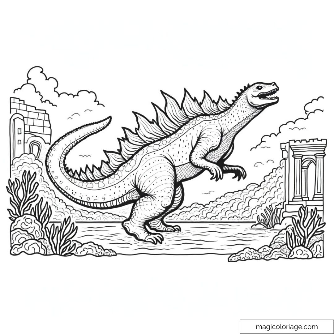 Godzilla entre des ruines antiques dans un paysage épique.