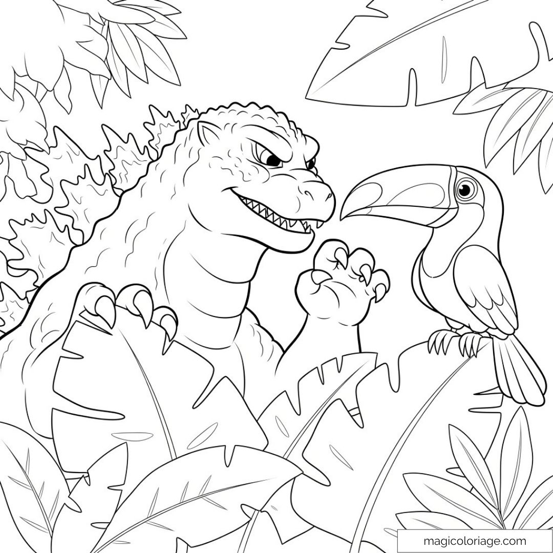 Godzilla et toucan parmi feuilles