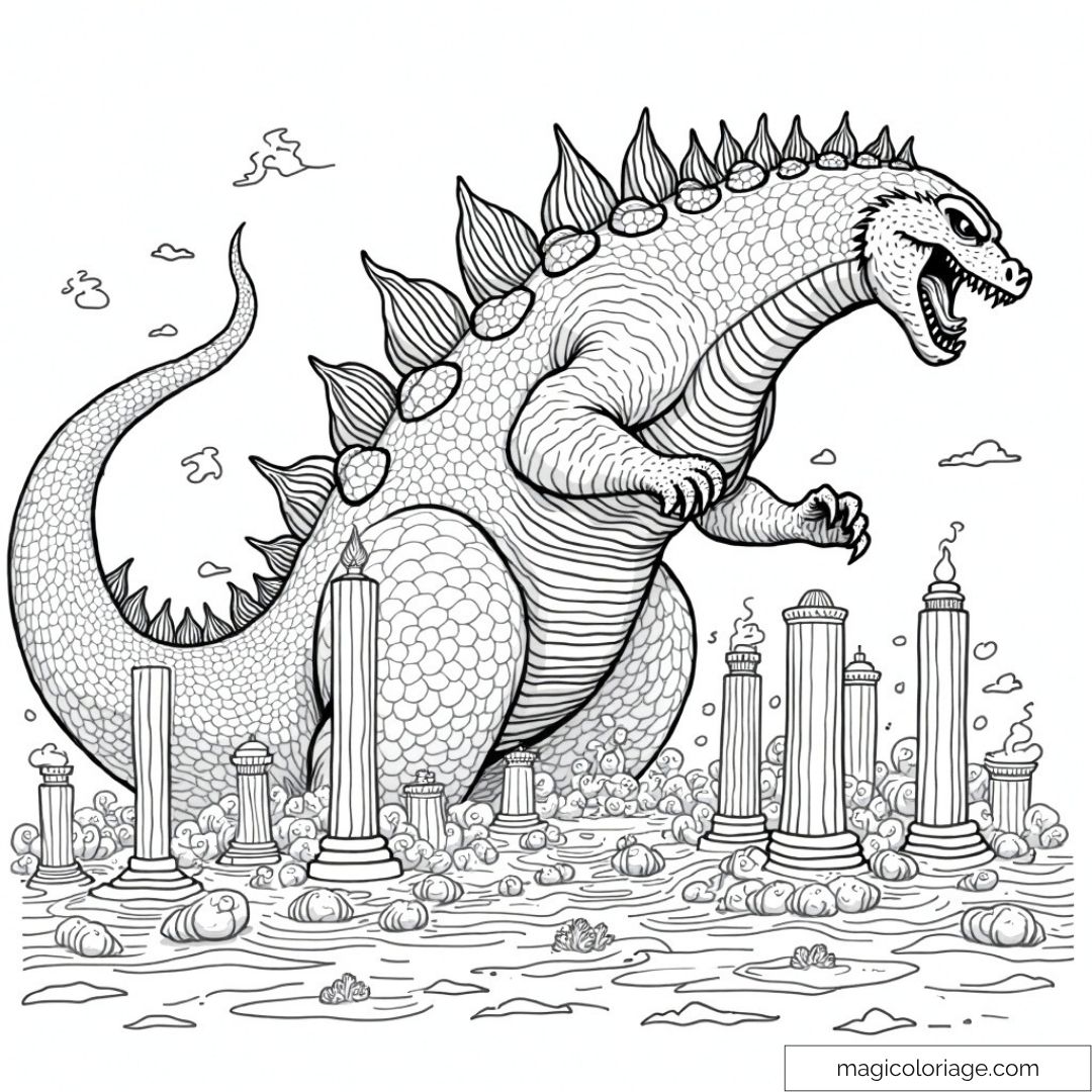 Image de Godzilla dans des ruines antiques à colorier.