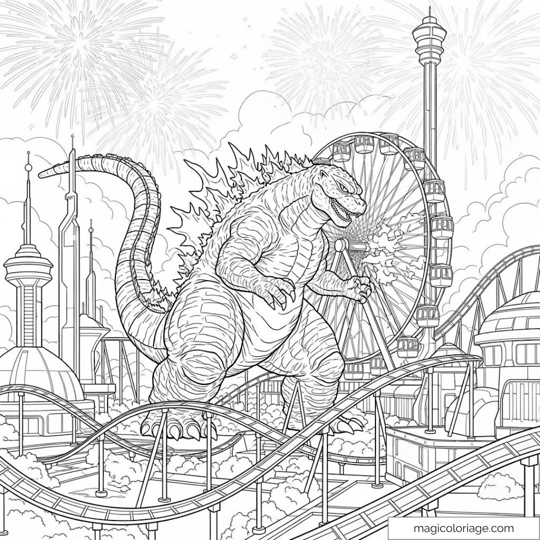 Godzilla au milieu des gratte-ciels et feux d'artifice