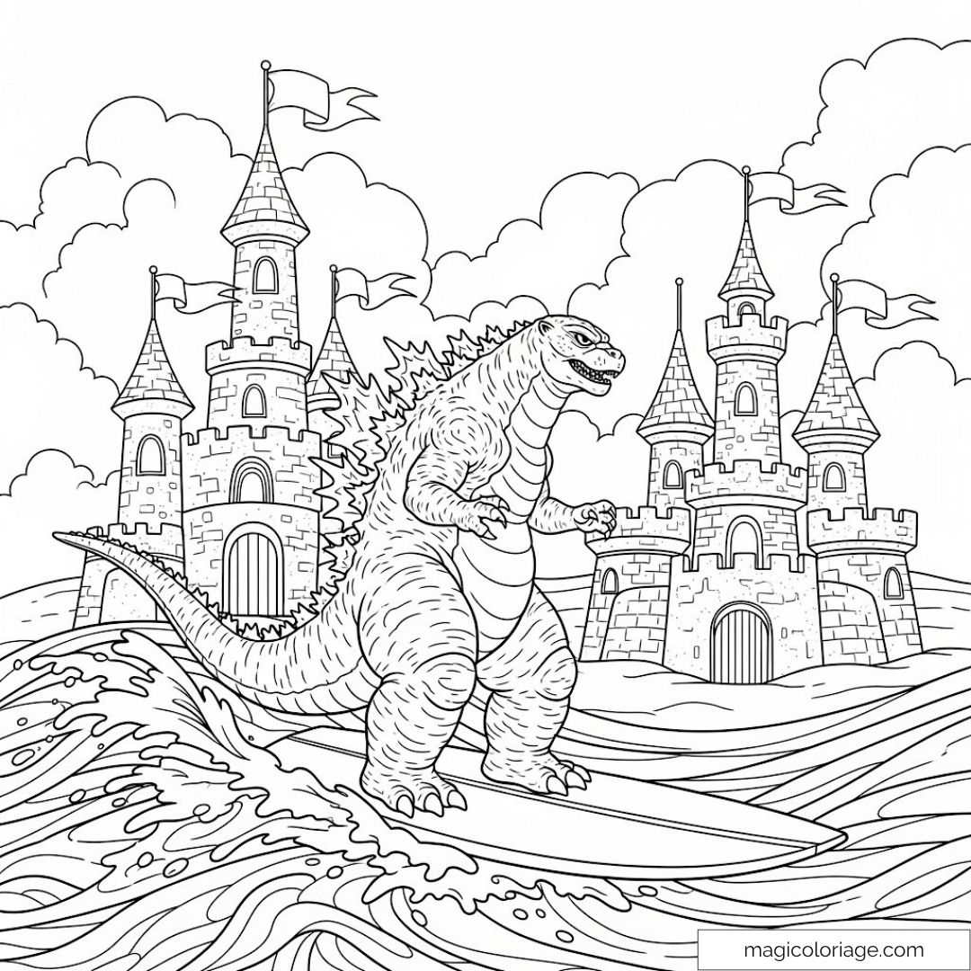 Godzilla surfant devant château féérique au milieu des vagues