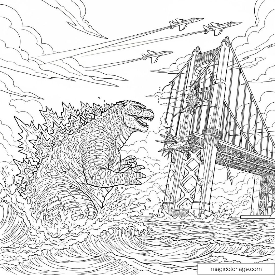 Dessin de Godzilla au pont avec avions et vague